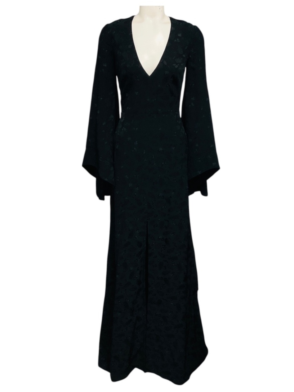 Brandon Maxwell Black Long Sleeved V-Neck Paisley Jacquard Gown